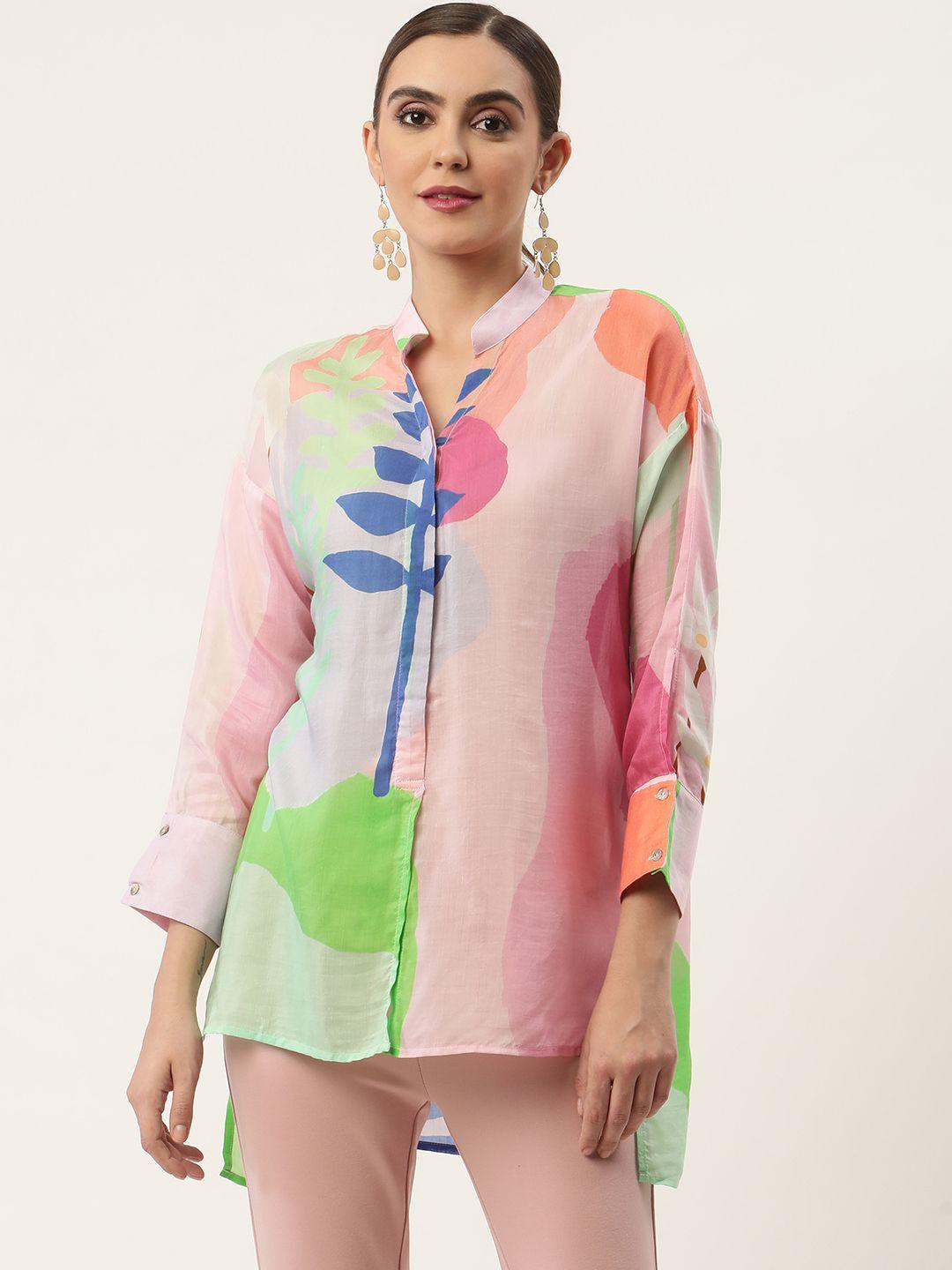chique women pink semi sheer abstract print casual shirt