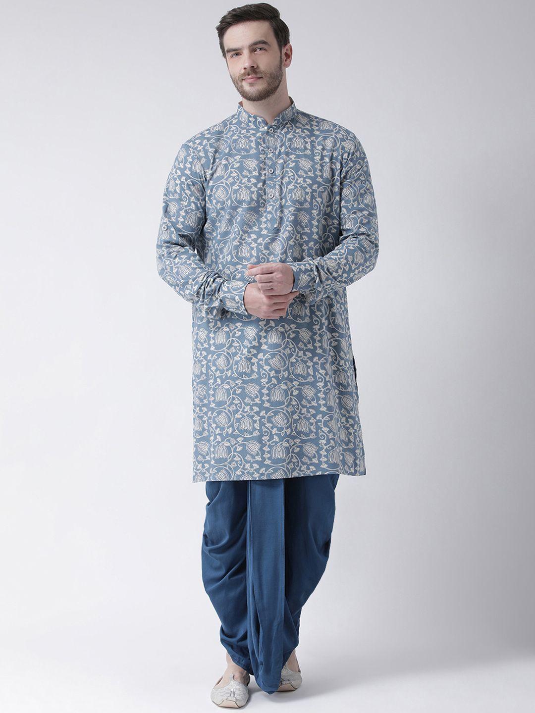 chitwan mohan men blue & navy blue printed kurta with dhoti pants