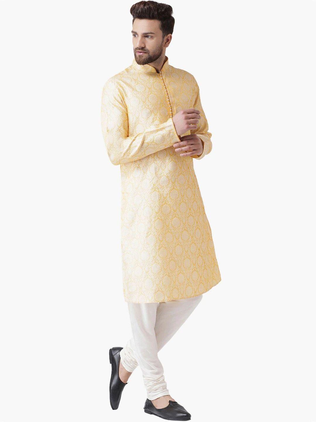 chitwan mohan men floral embroidered dupion silk kurta with churidar