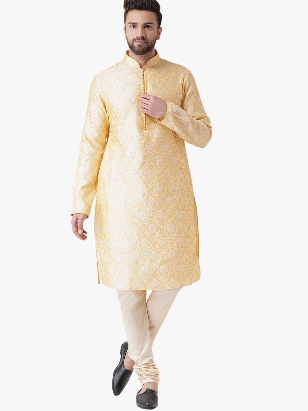 chitwan mohan men woven design dupion silk straight kurta with churidar