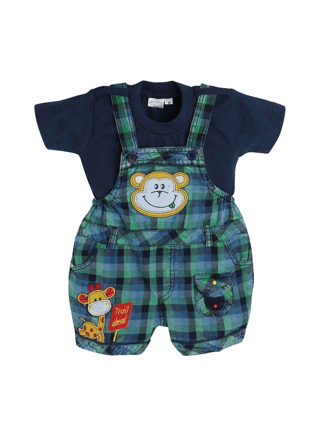 chiu infant kids green & navy blue checked cotton dungarees