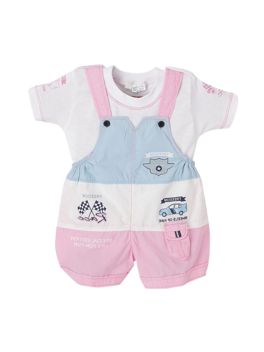 chiu infant kids pink & white colourblocked cotton dungaree with t-shirt