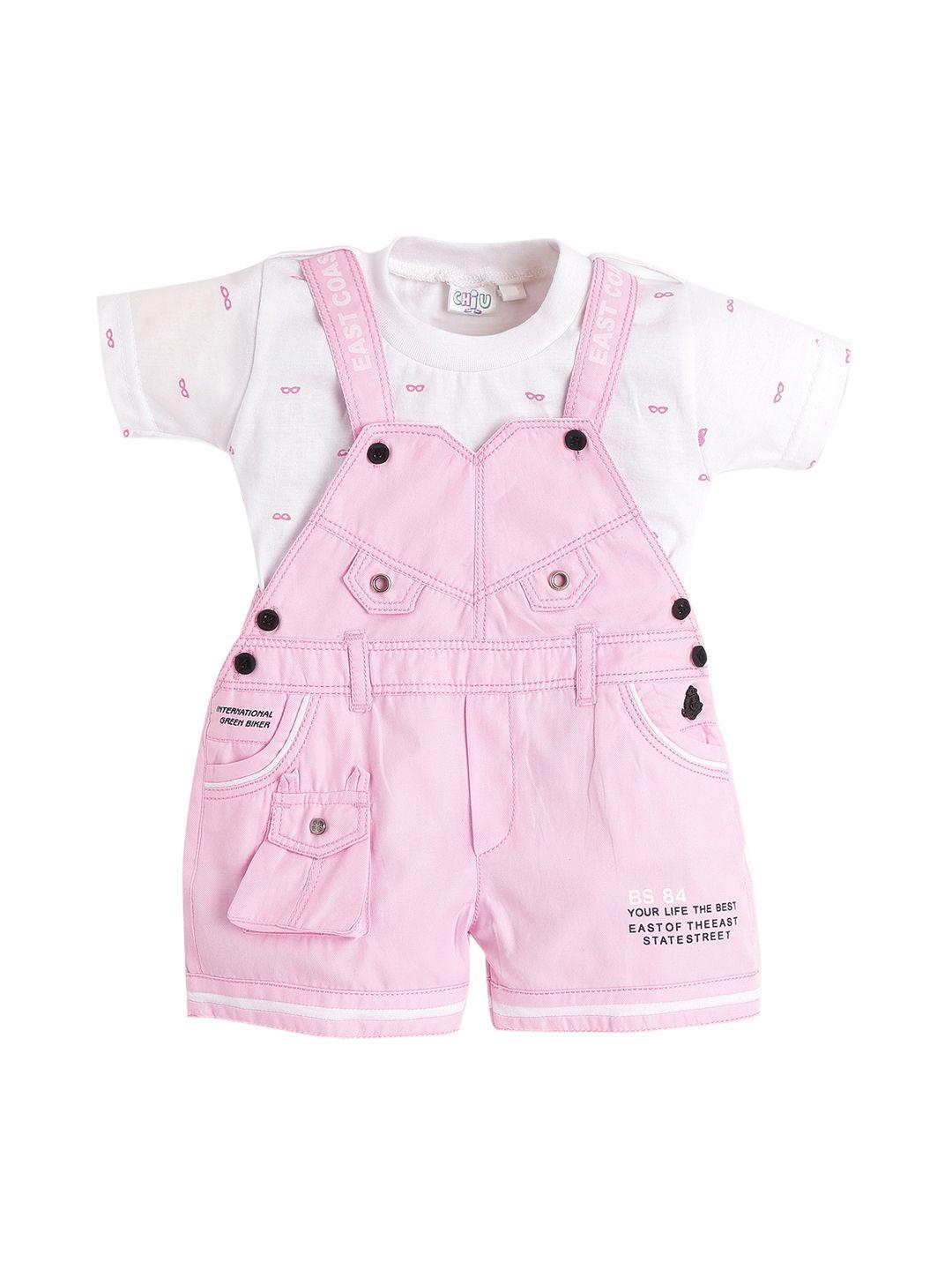 chiu infants pink & white cotton cambric dungarees with t-shirt