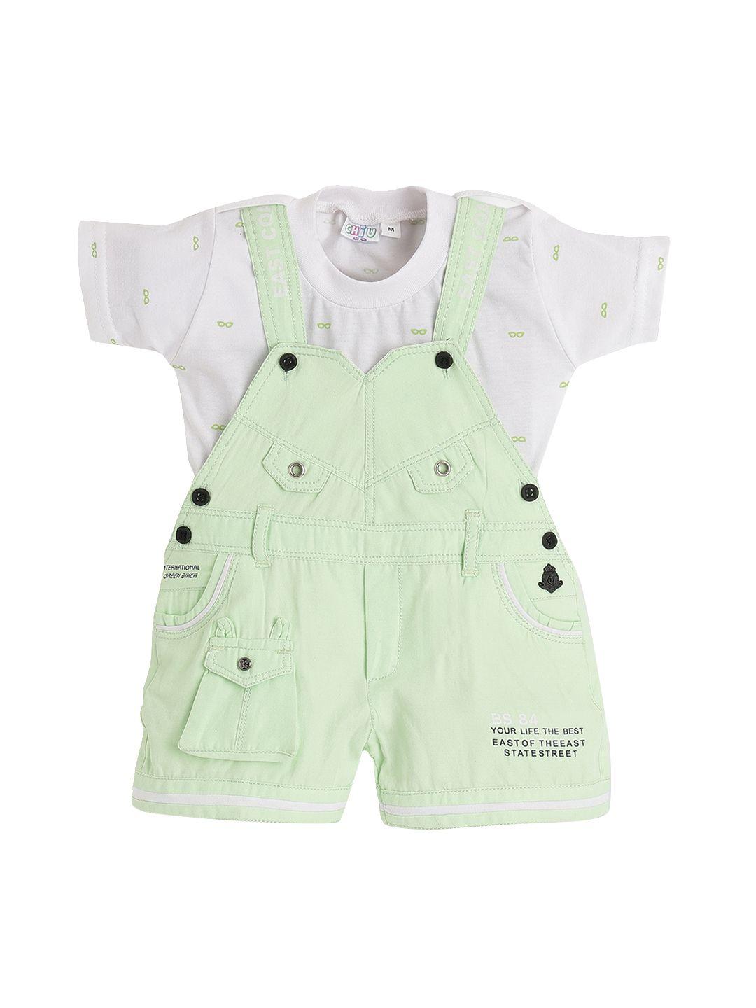 chiu kids green & white solid cotton dungarees with t-shirt