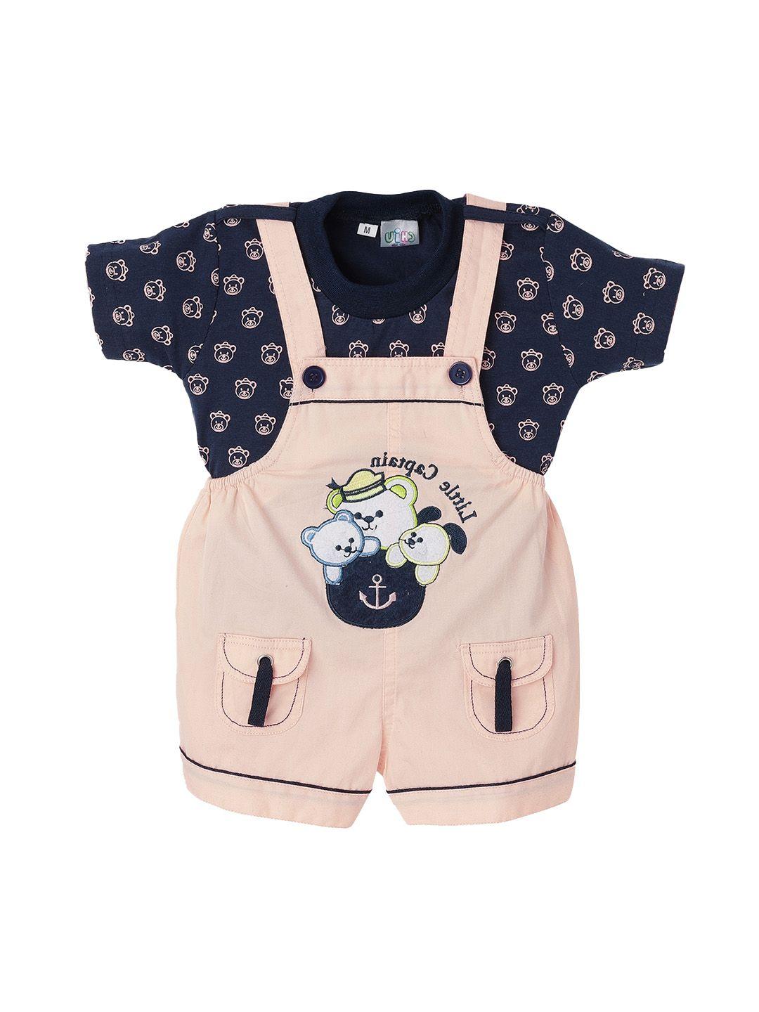 chiu kids peach & blue printed cotton dungarees