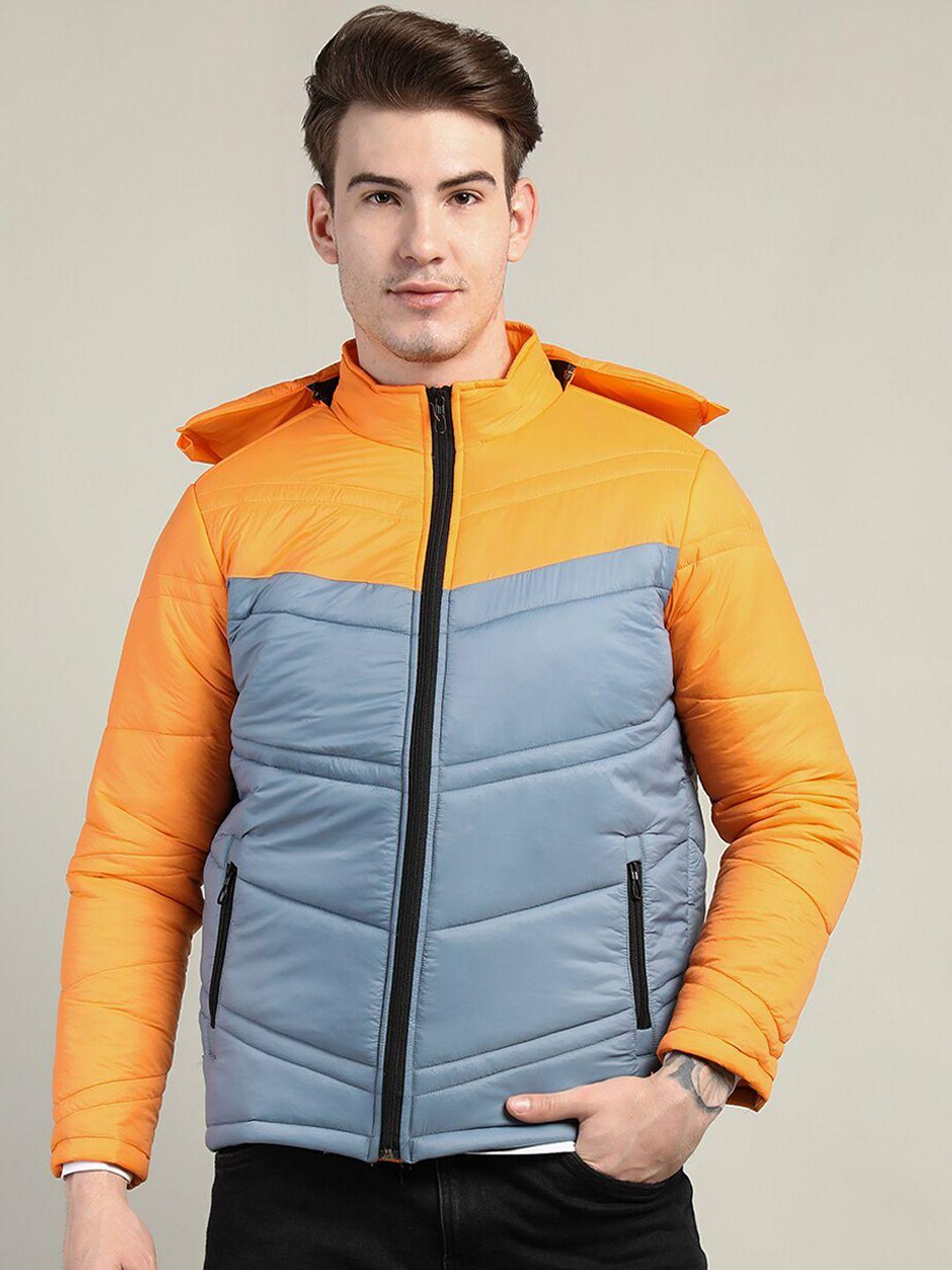 chkokko men orange & blue colourblocked outdoor puffer jacket
