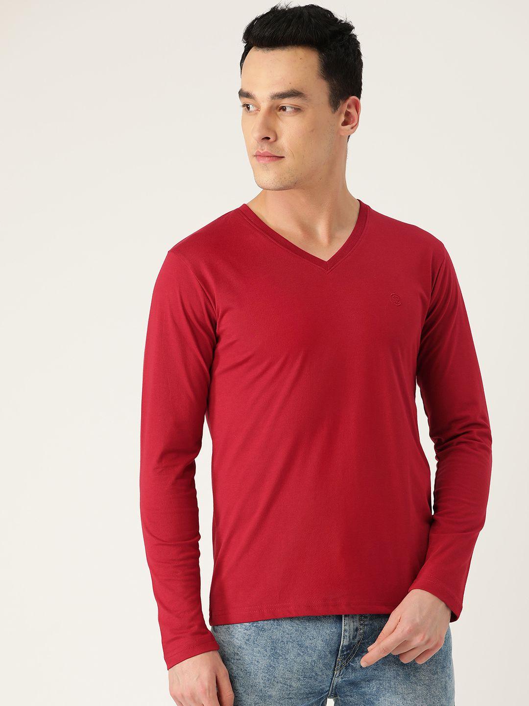 chkokko men red solid v-neck t-shirt