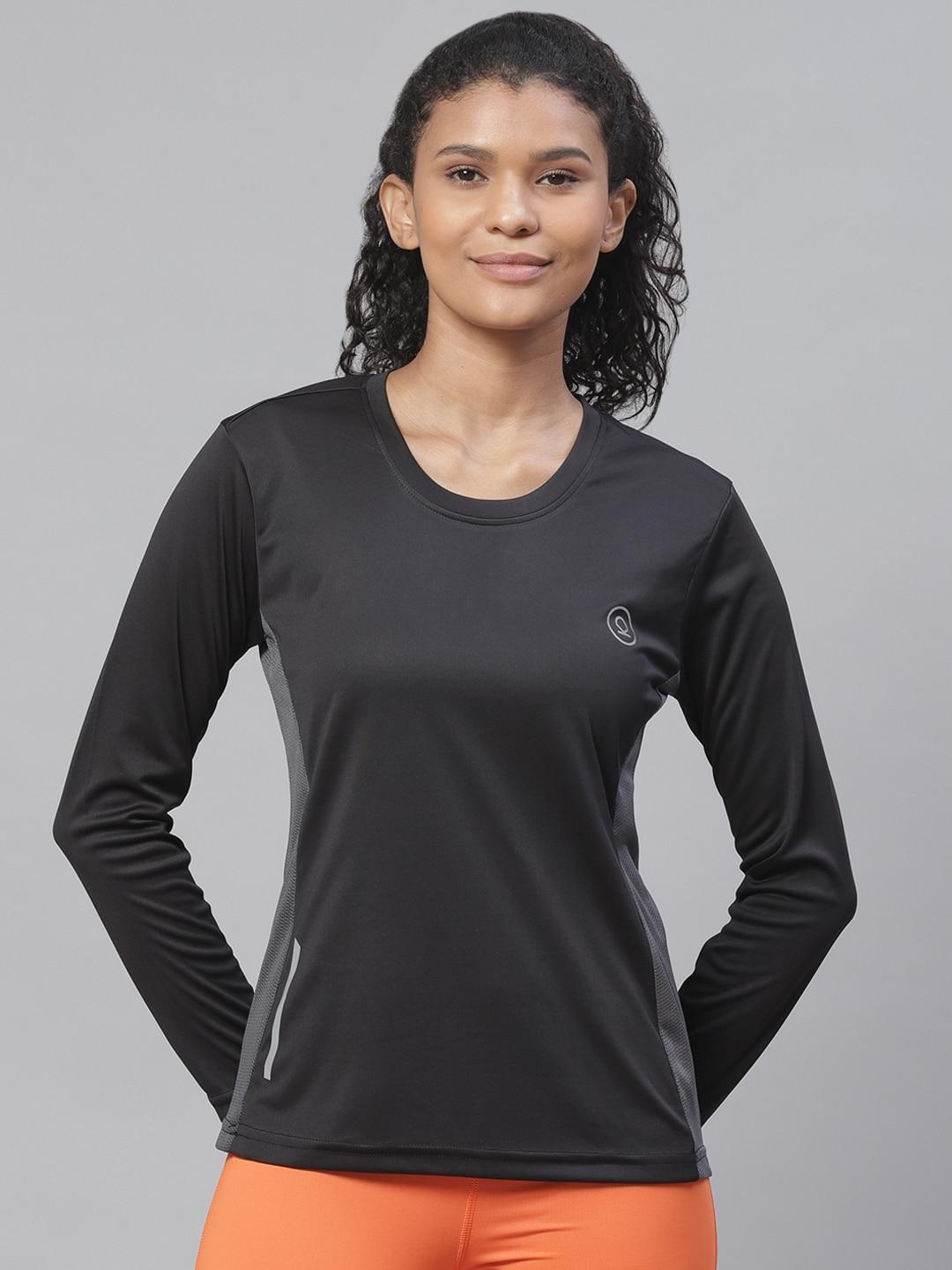 chkokko women black & grey colourblocked round neck yoga t-shirt