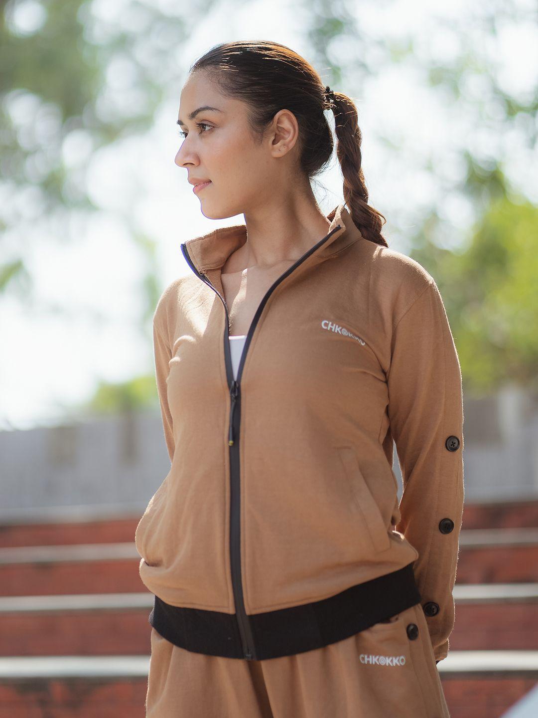 chkokko women camel brown and black solid cotton outdoor sporty jacket