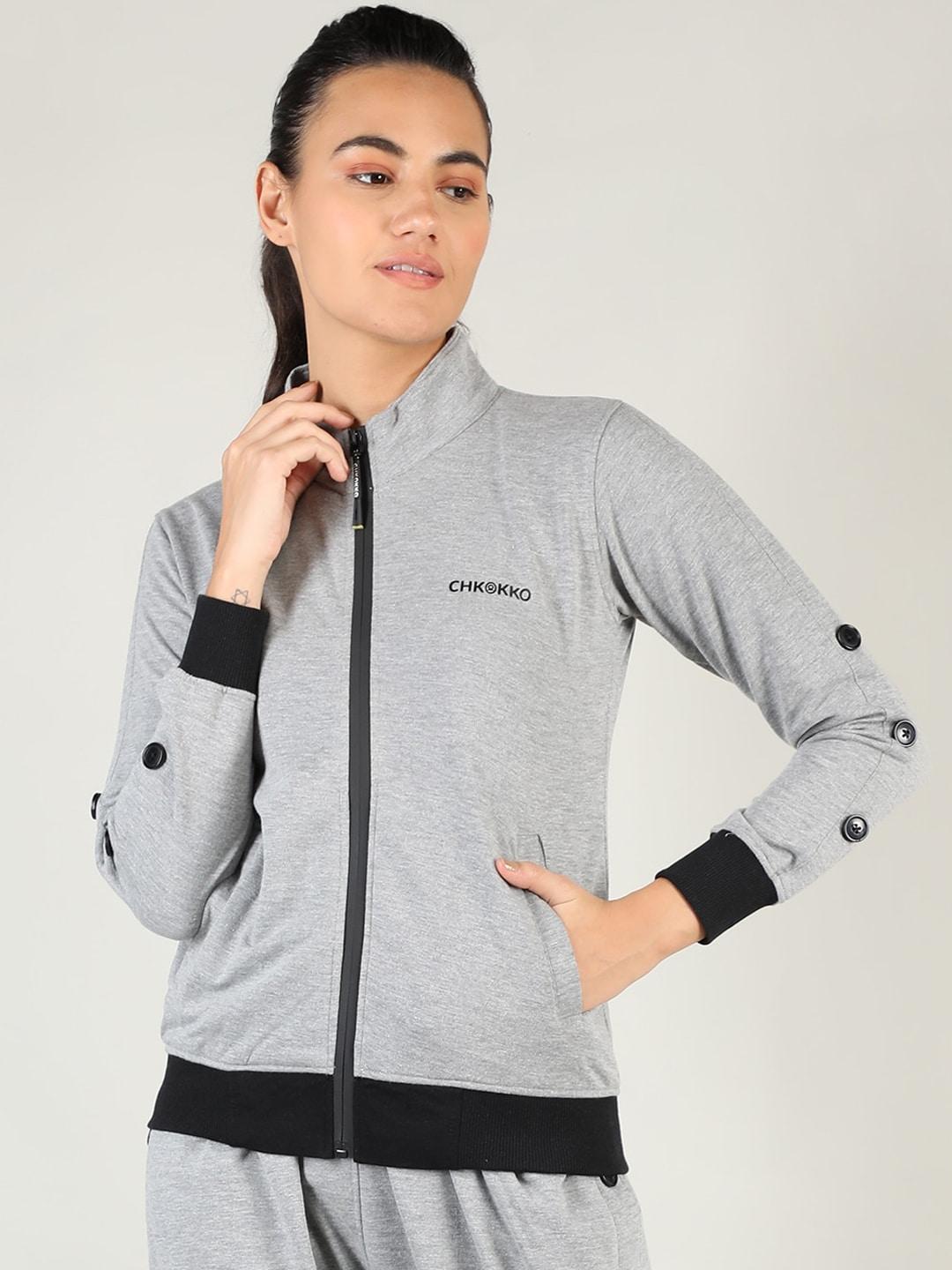 chkokko women grey training or gym sporty jacket with patchwork