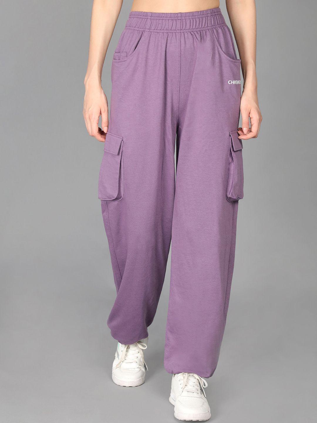 chkokko women purple solid pure cotton joggers track pants