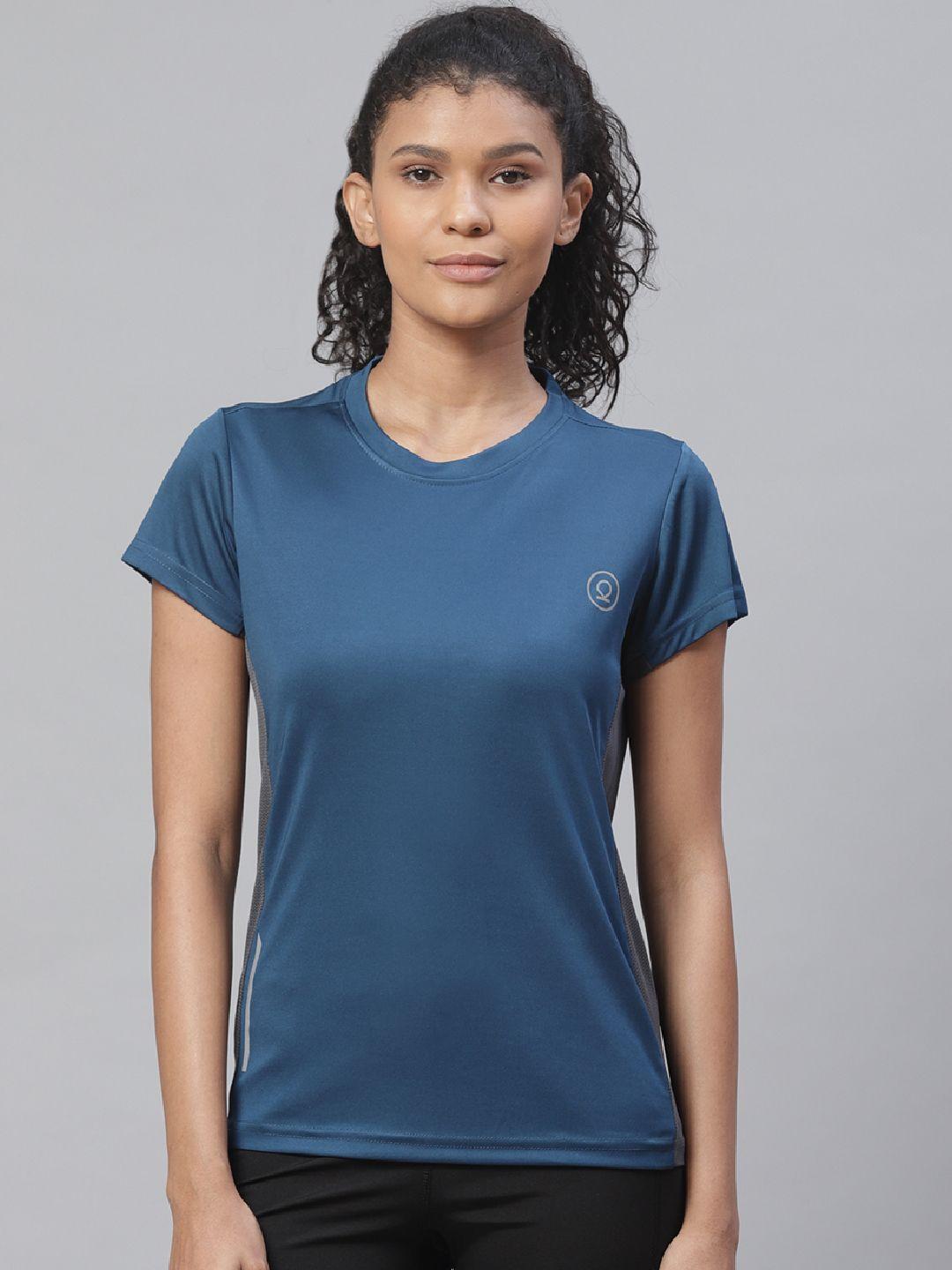 chkokko women teal blue solid round neck yoga t-shirt
