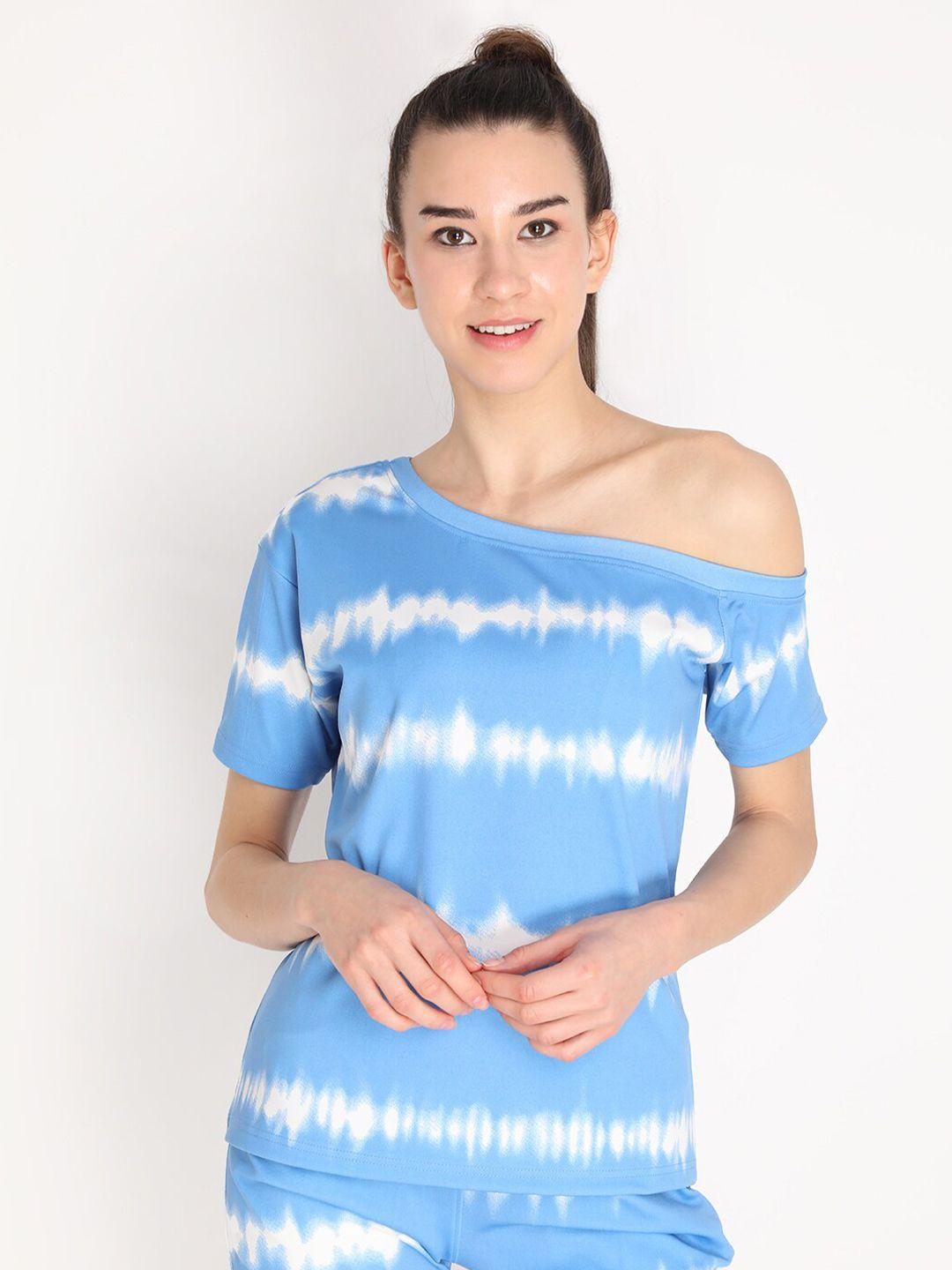chkokko blue & off white tie and dye one shoulder top