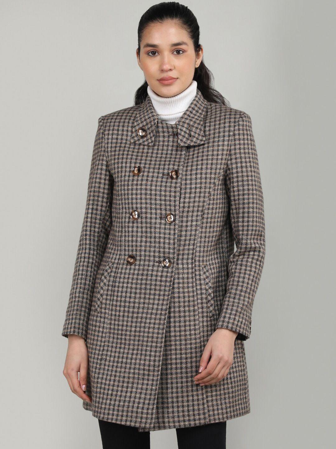 chkokko checked stand collar longline overcoat