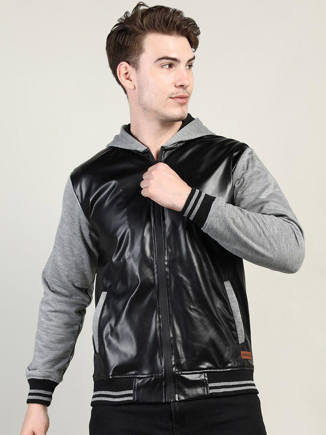 chkokko men black grey colourblocked outdoor bomber jacket