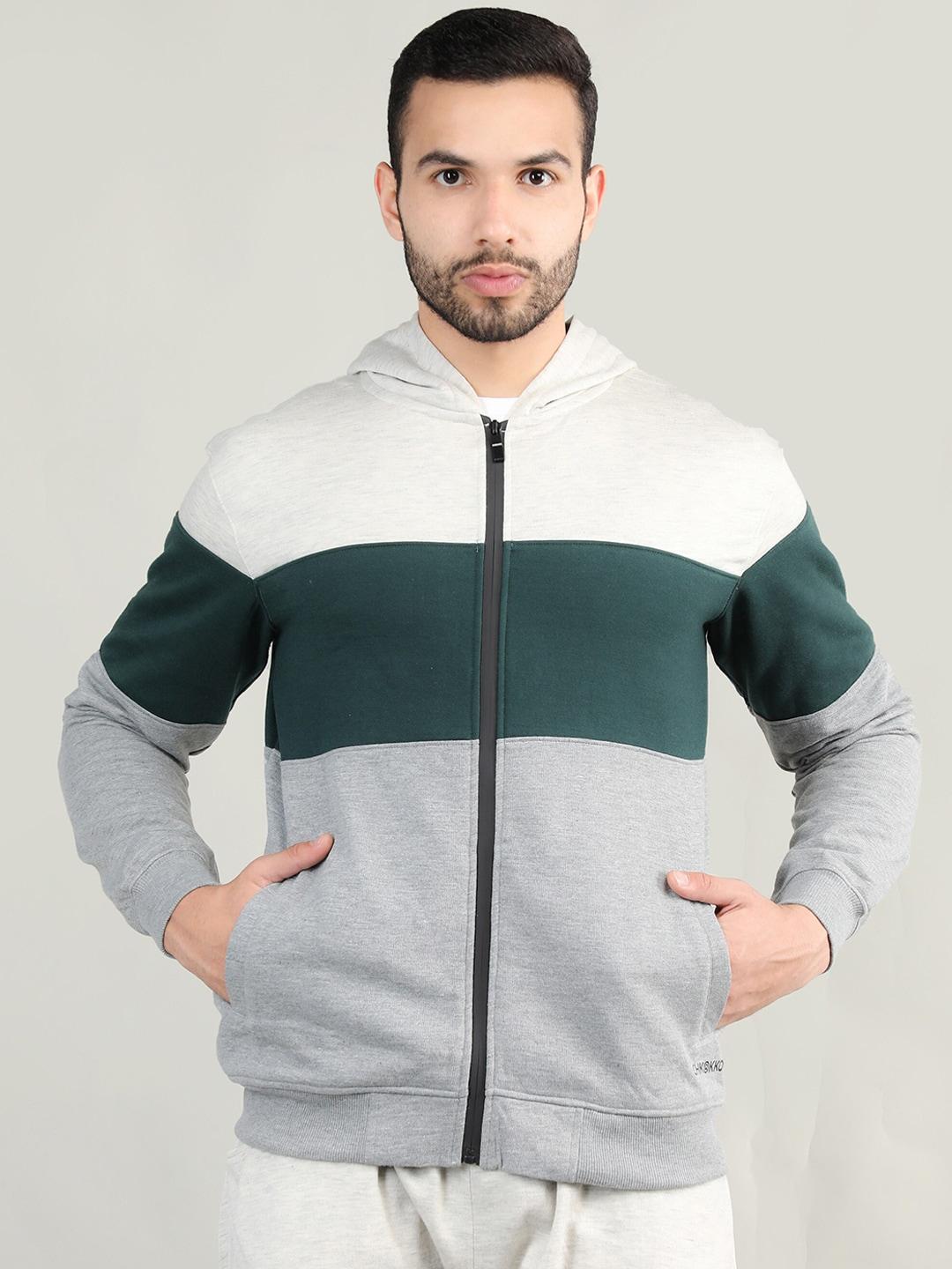 chkokko men grey & green colourblocked cotton sporty jacket