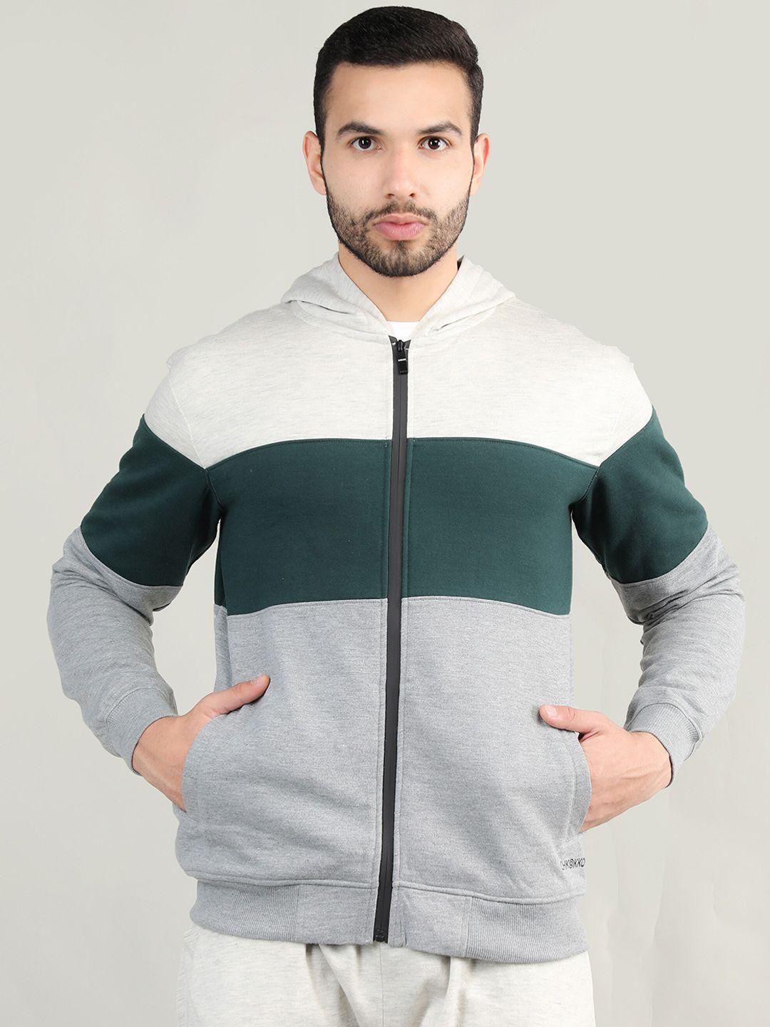 chkokko men grey & green colourblocked cotton sporty jacket