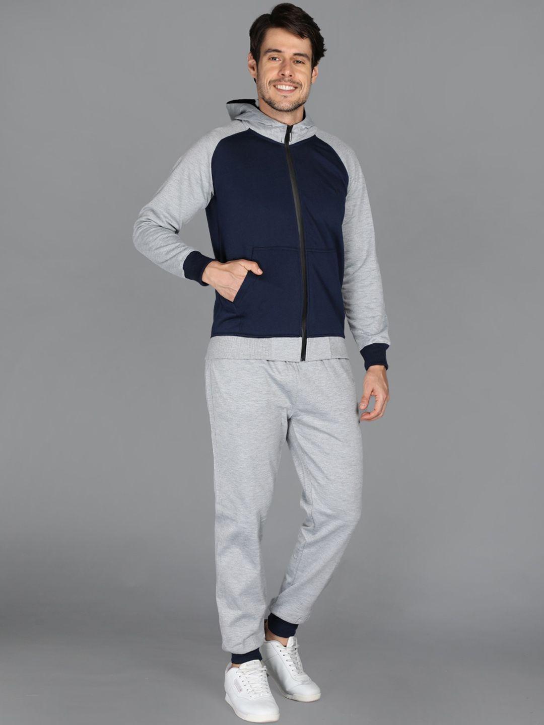 chkokko men navy blue & grey colourblocked tracksuits