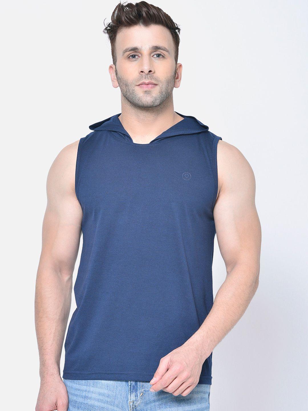 chkokko men navy blue solid hood t-shirt