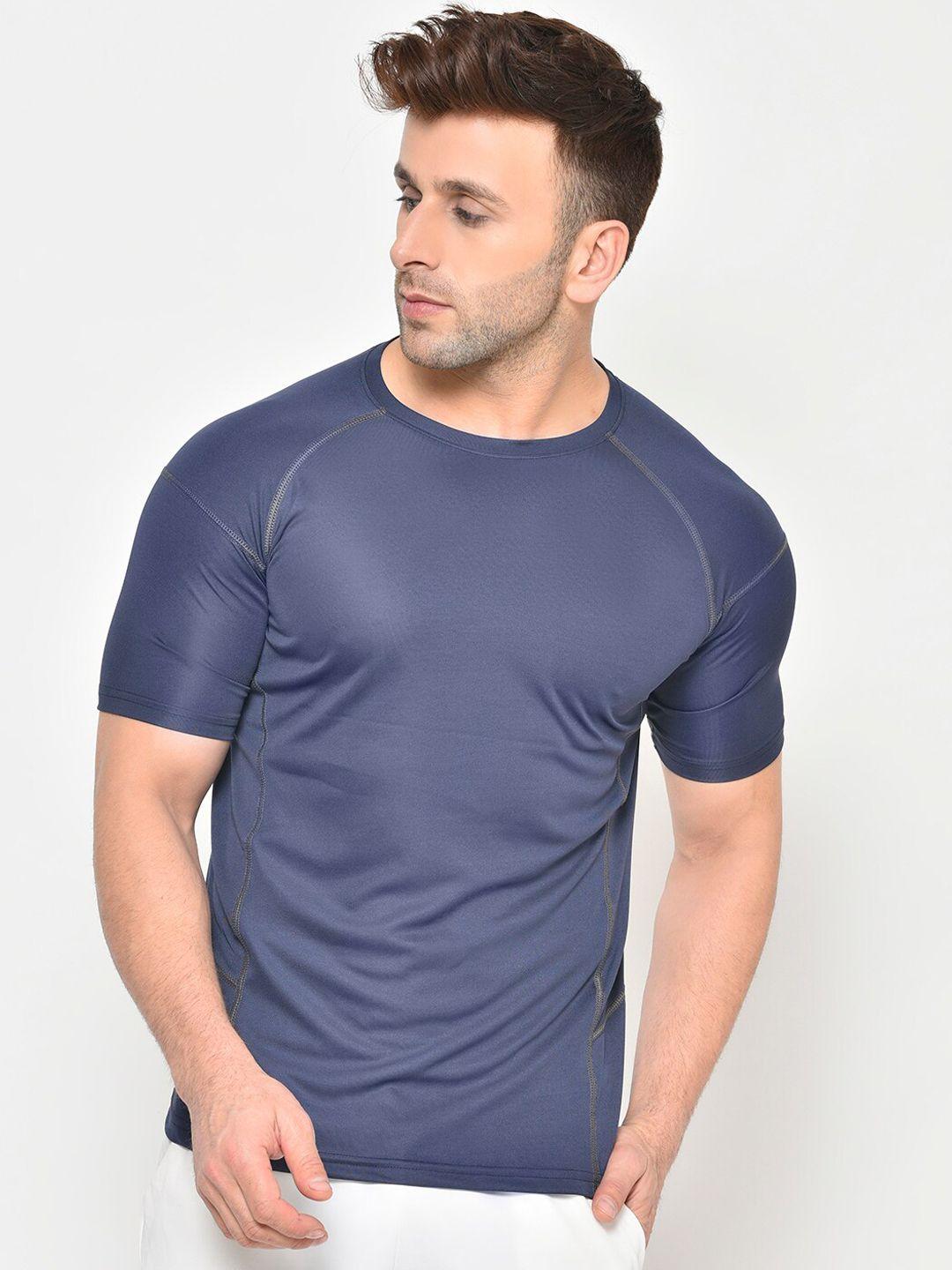 chkokko men navy blue solid round neck sports t-shirt
