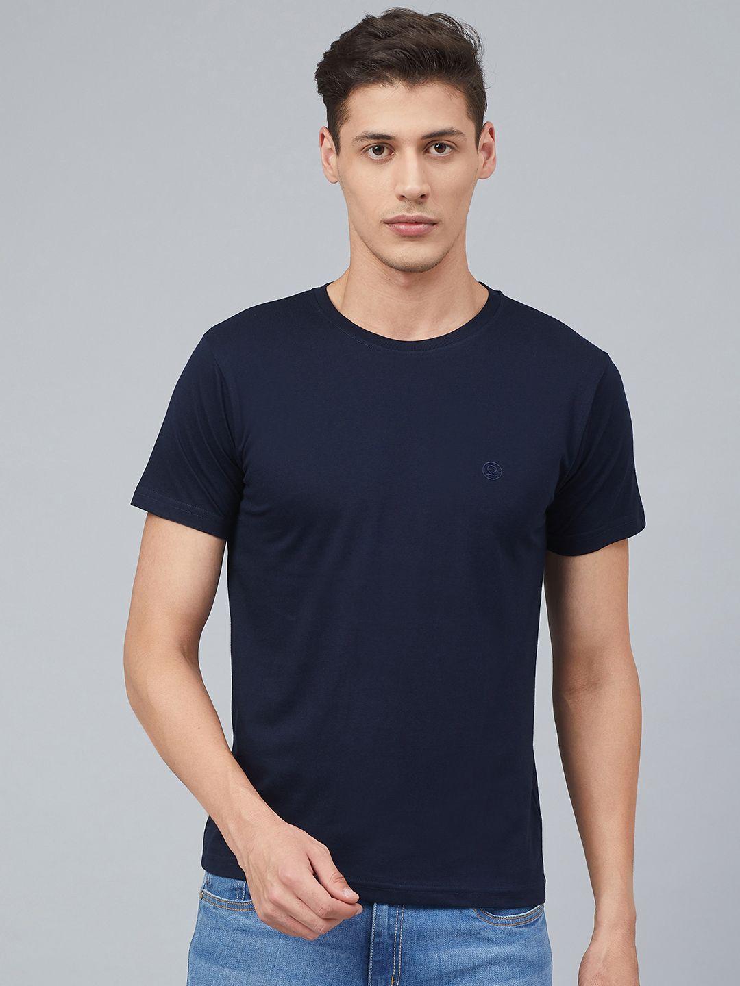 chkokko men navy blue solid round neck t-shirt