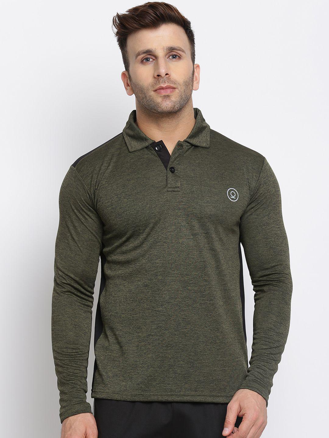 chkokko men olive green solid polo collar dry fit streachable training t-shirt