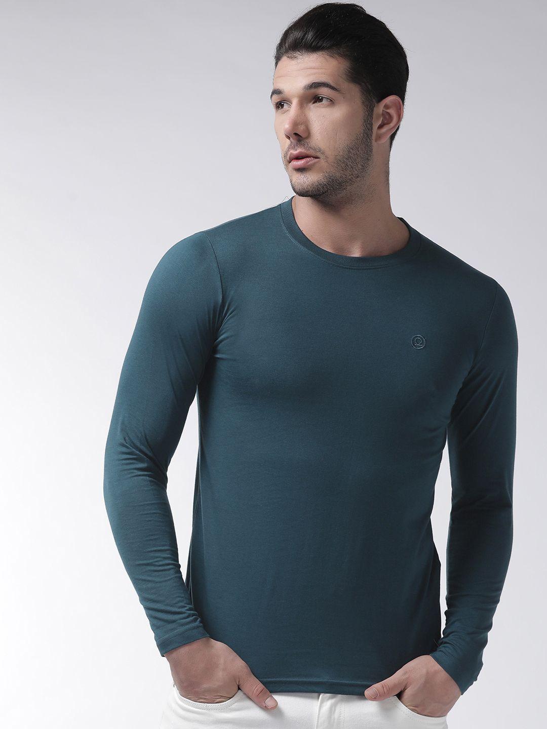 chkokko men teal blue solid round neck t-shirt