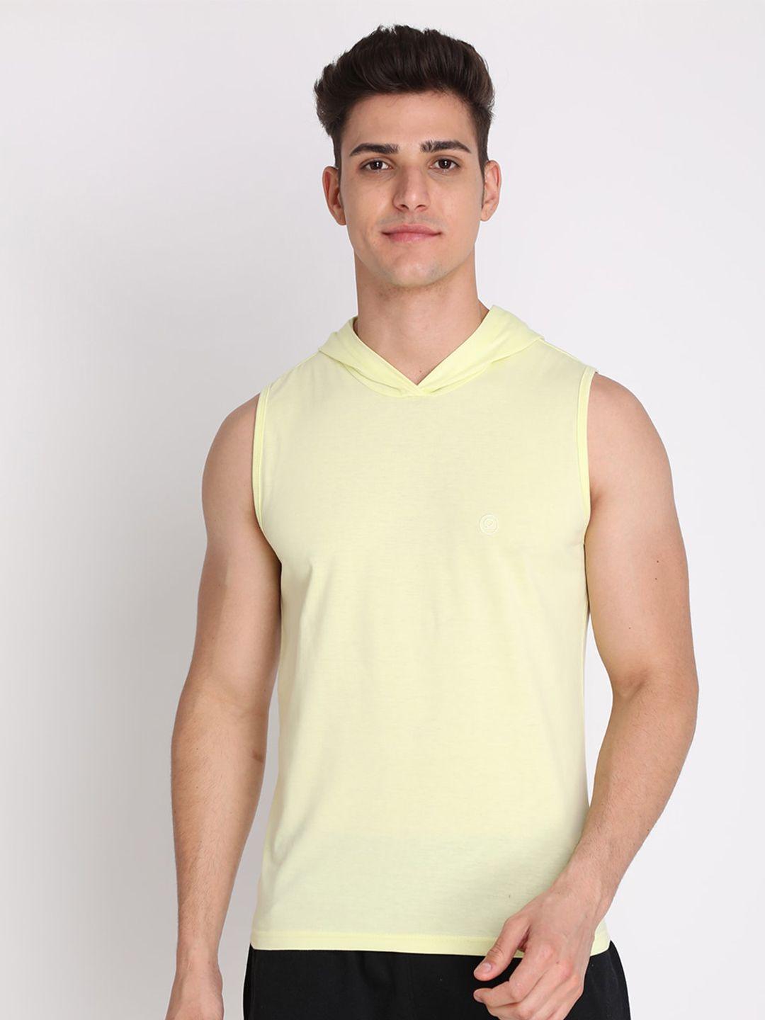 chkokko men yellow solid mandarin neck sleeveless regular fit cotton outdoor t-shirt