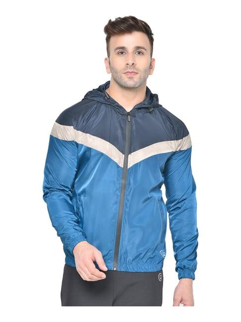 chkokko navy blue regular fit colour block hooded jacket