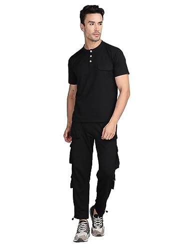 chkokko polycotton men casual summer track suit co-ord sets black medium