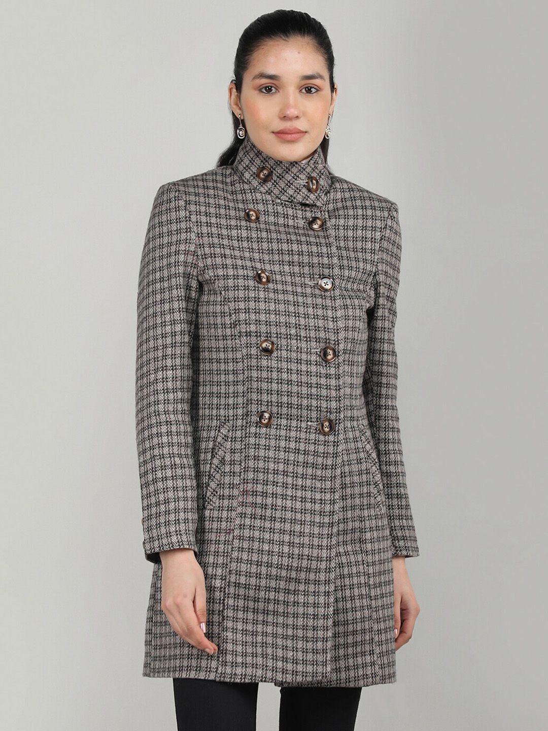 chkokko stand collar checked double-breasted overcoat