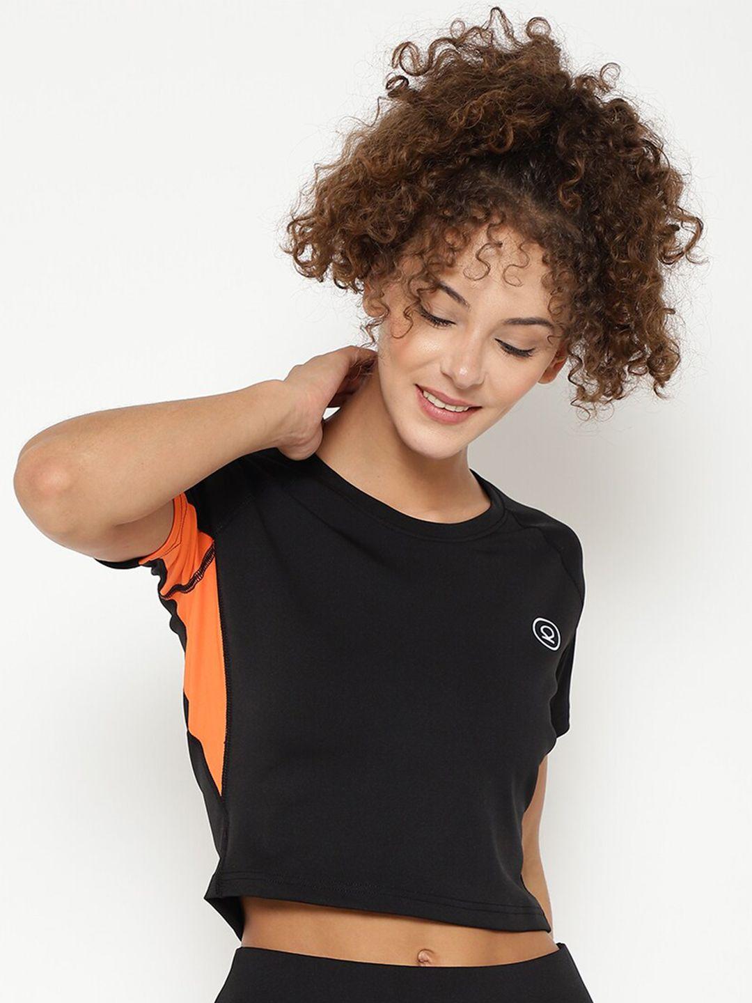 chkokko women black & orange colourblocked crop top