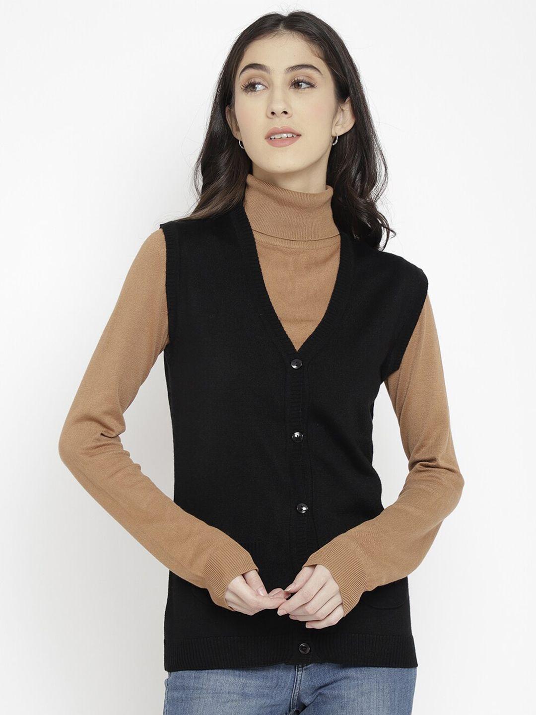 chkokko women black woolen solid sweater vest