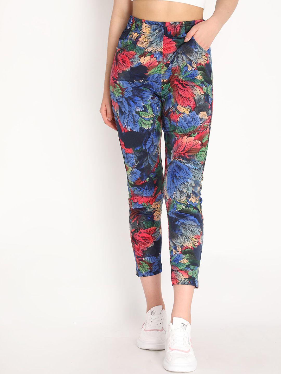 chkokko women blue & red floral printed cotton track pants