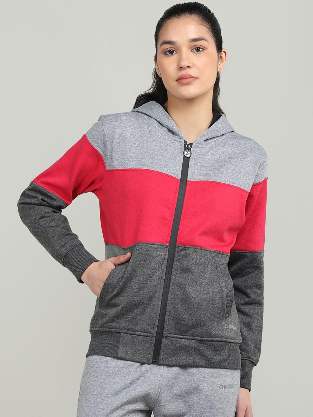 chkokko women colourblocked fleece hooded outdoor sporty jacket