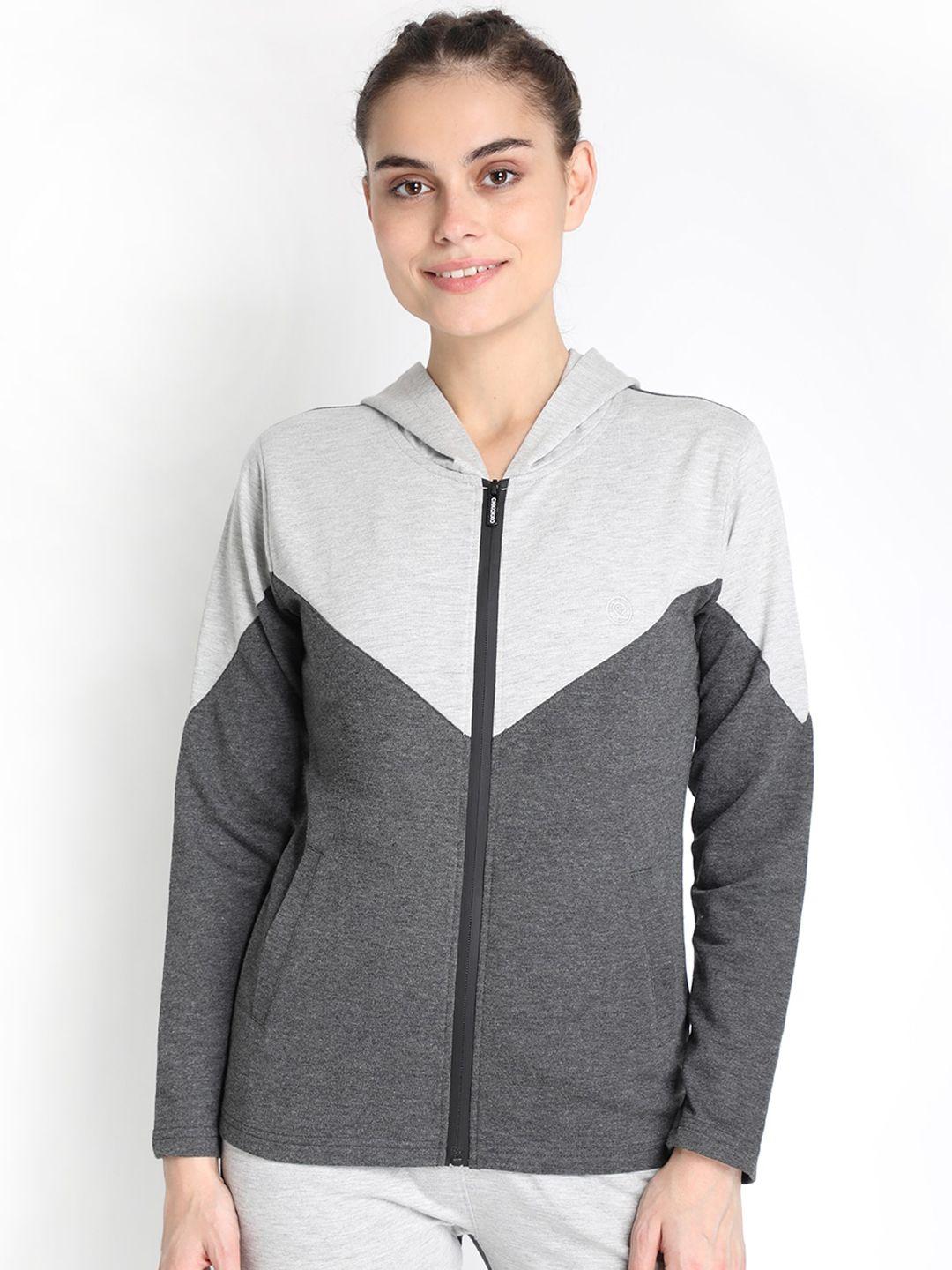 chkokko women grey & white colourblocked fleece lightweight crop sporty jacket