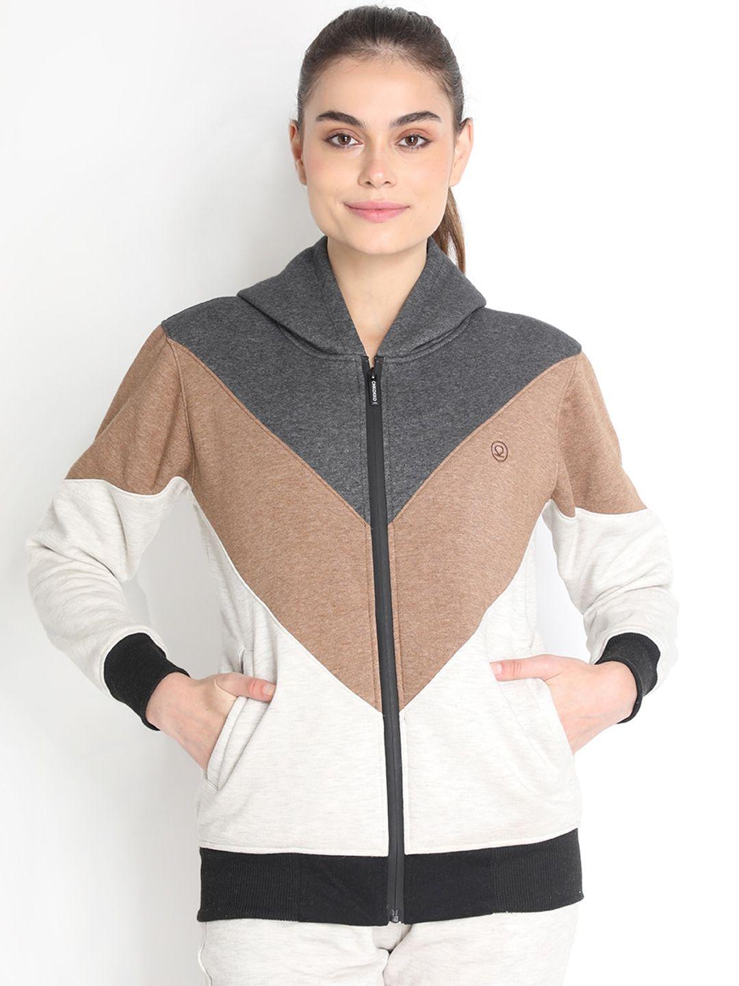 chkokko women grey colourblocked lightweight hooded bomber jacket