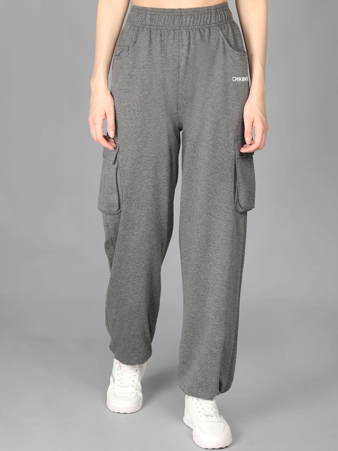 chkokko women grey solid pure cotton relaxed fit joggers