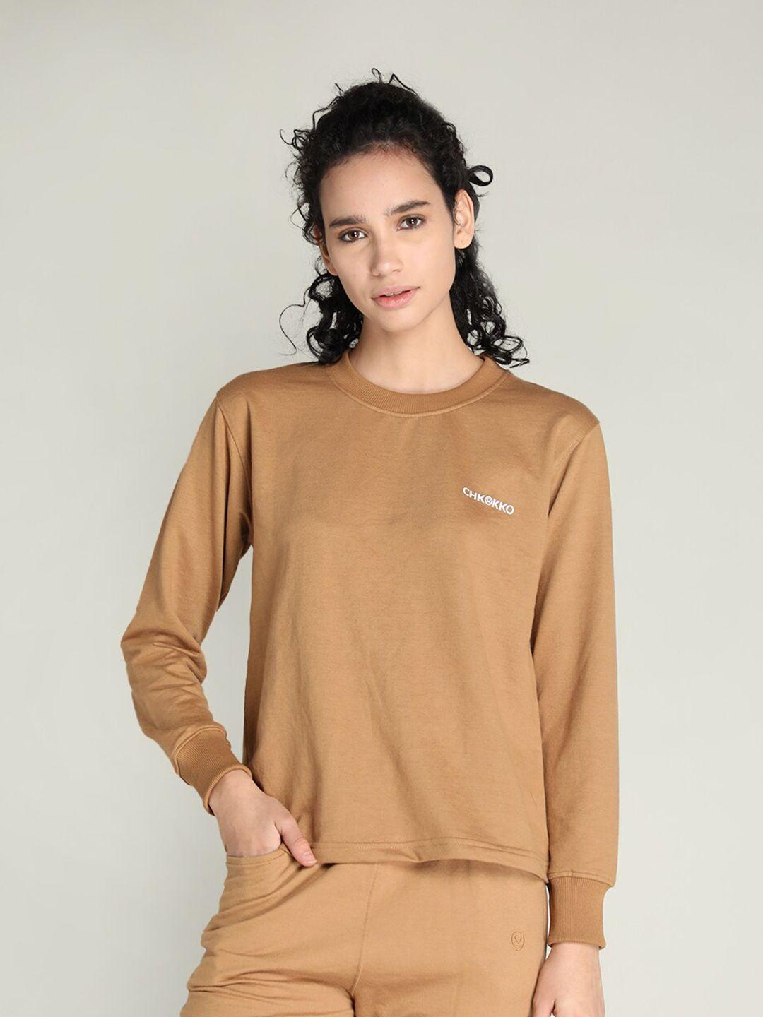 chkokko women khaki solid cotton t-shirt