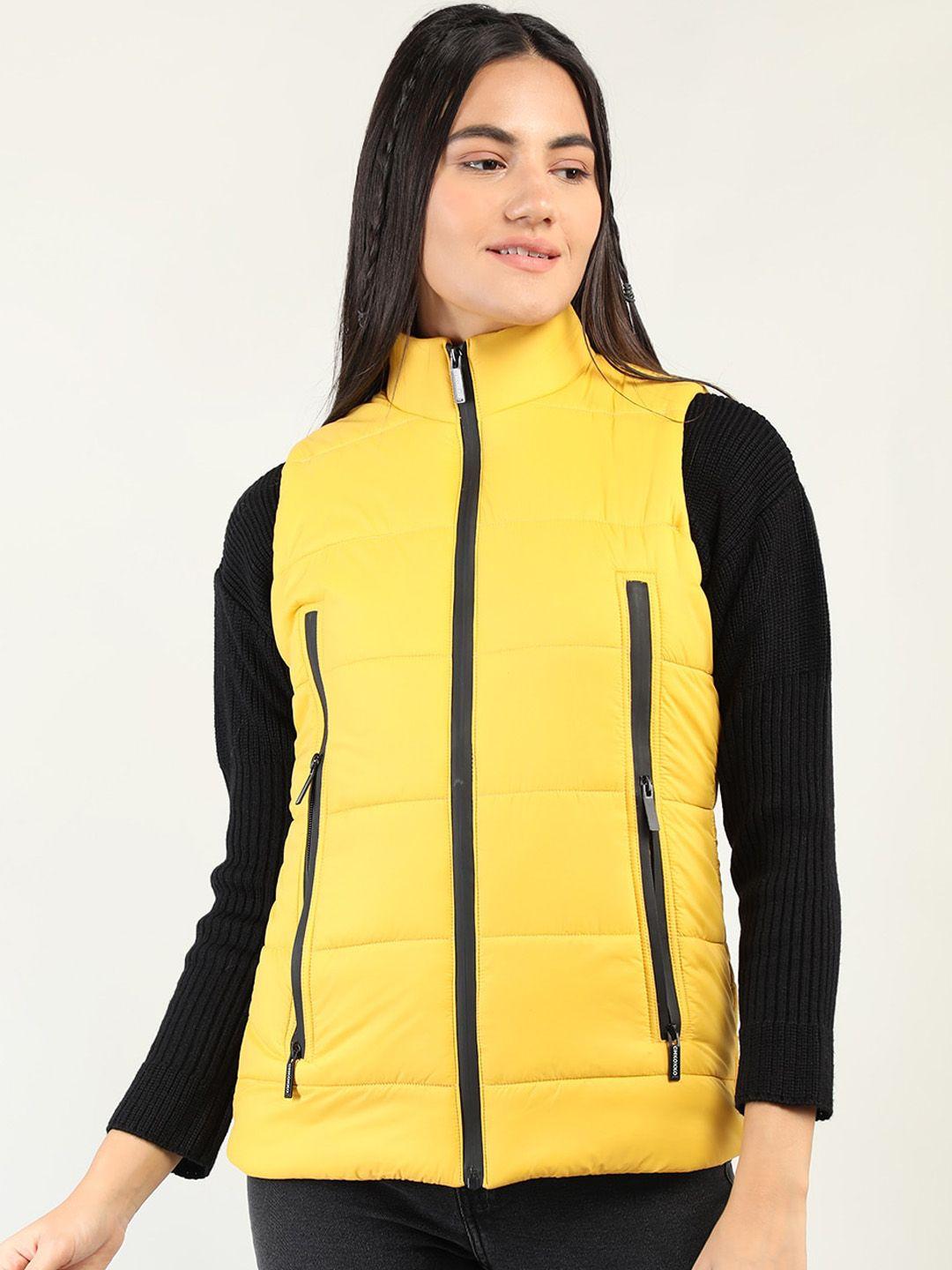 chkokko women mustard geometric lightweight longline outdoor padded jacket