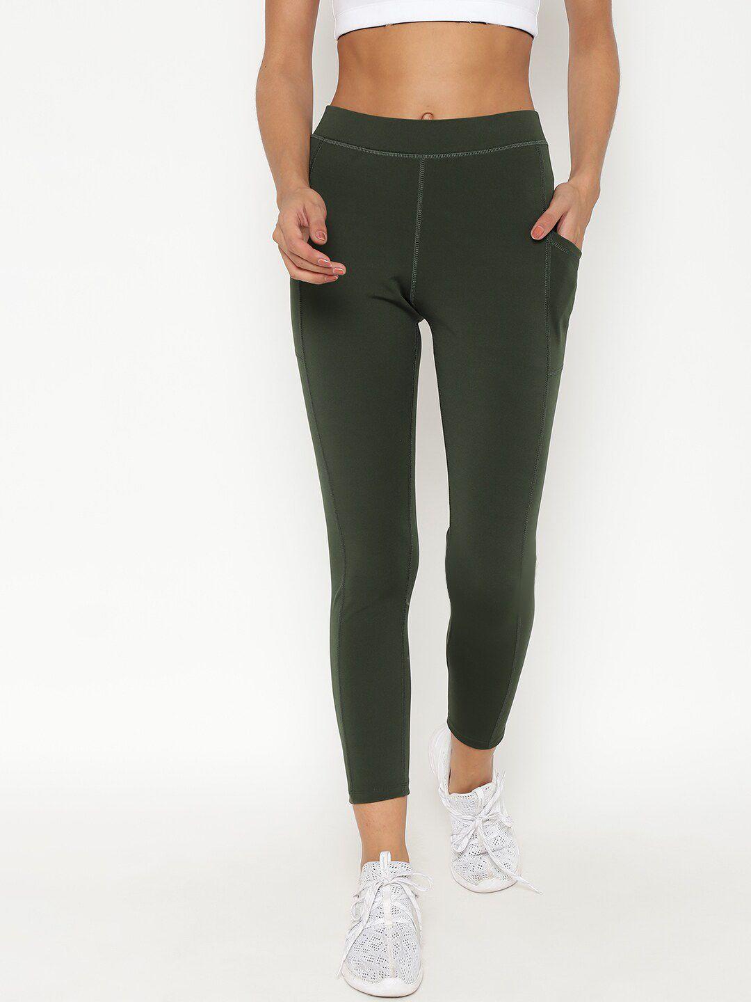 chkokko women olive-green solid gym tights