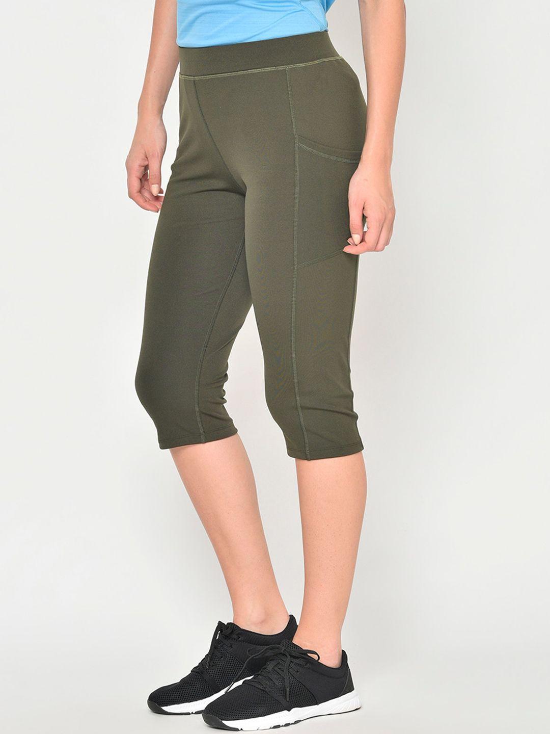 chkokko women olive green solid skinny fit gym capris