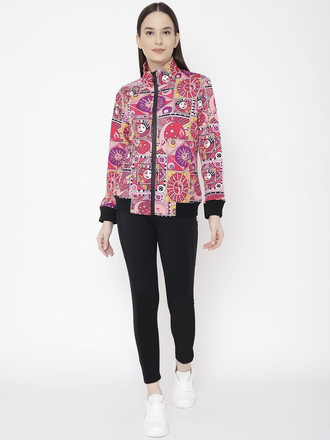 chkokko women pink & black geometric printed tracksuits