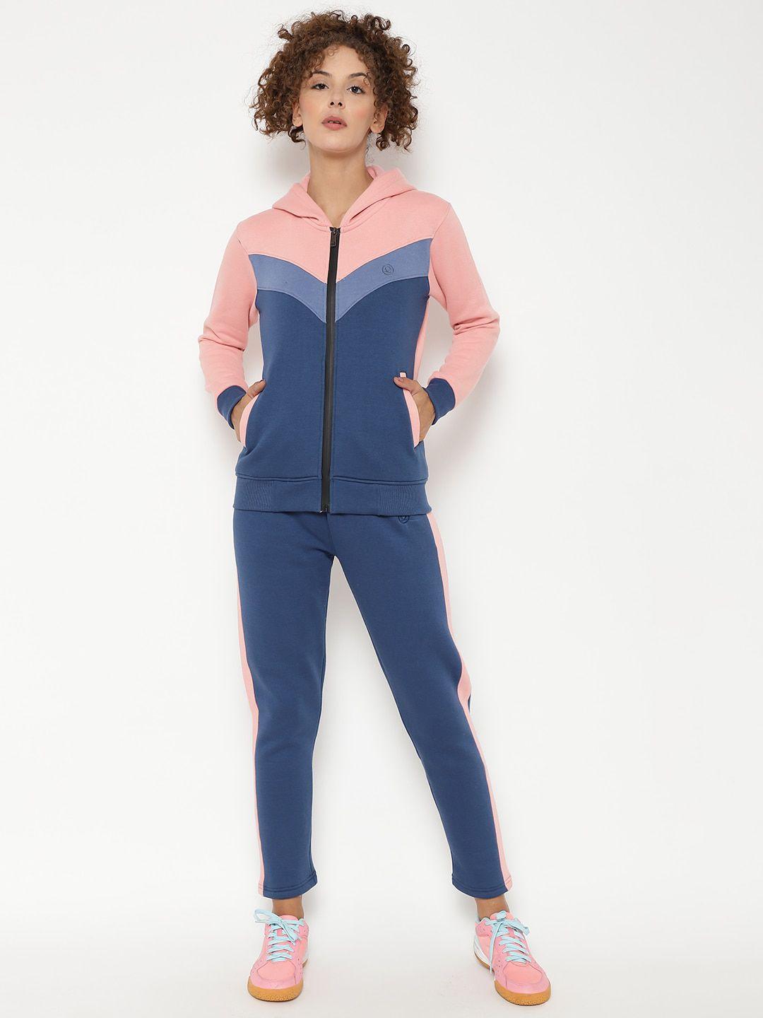 chkokko women pink & blue colourblocked sports tracksuit