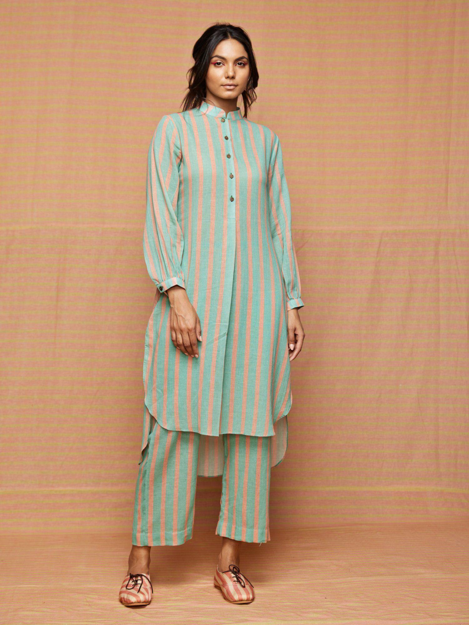 chloe turquoise high low hem striped kurta