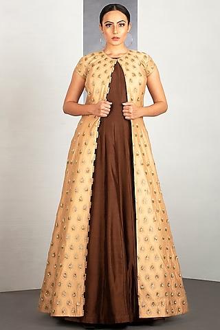 chocolate brown gown with embroidered jacket