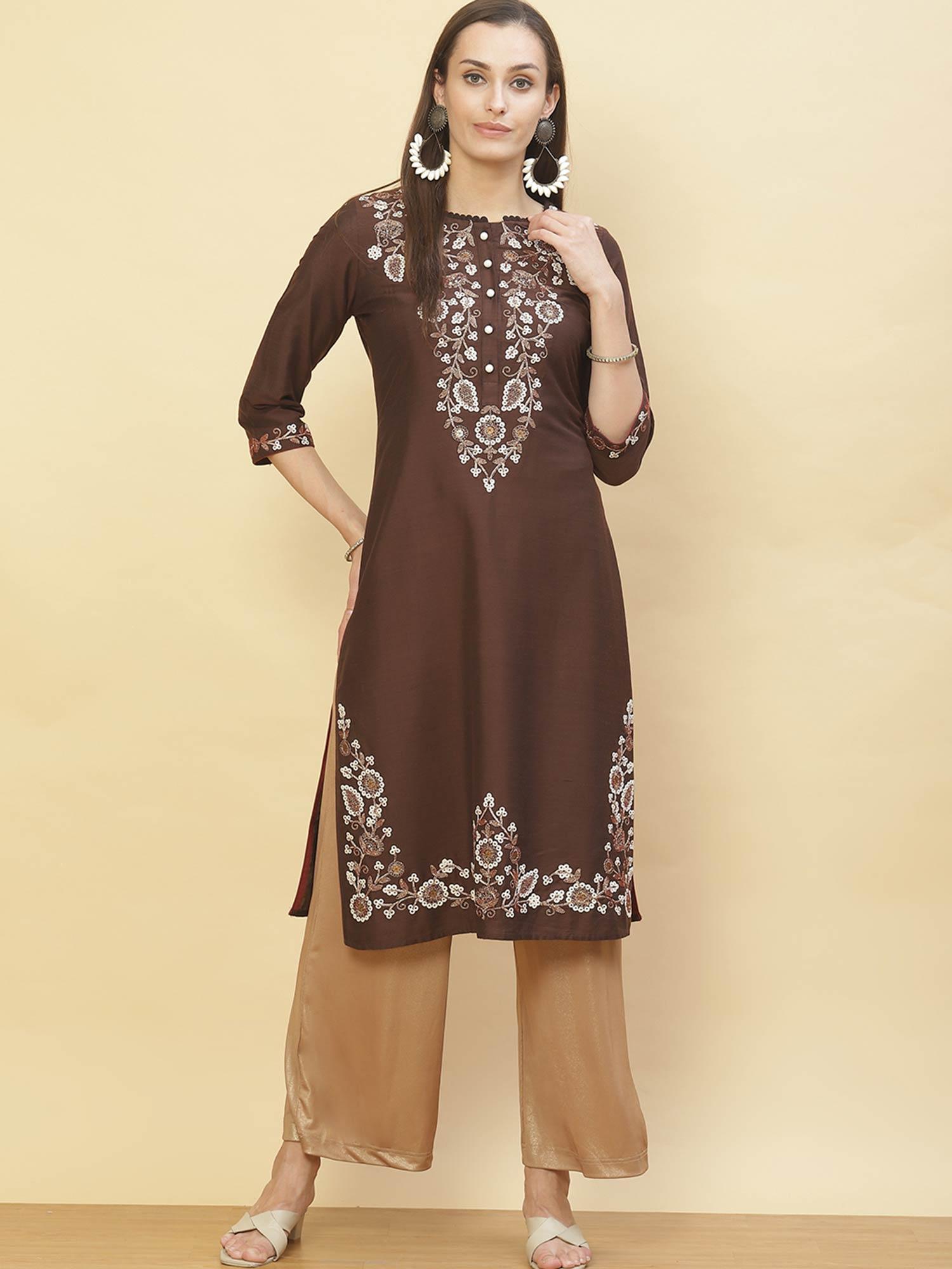 chocolate brown embroidered straight kurti