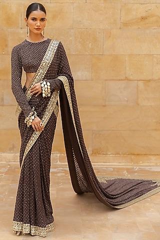 chocolate brown georgette hand embroidered saree set