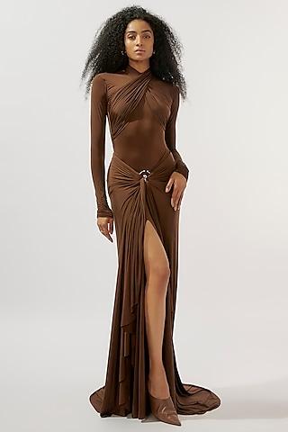 chocolate brown malai lycra ruched draped gown