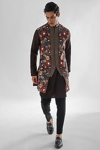 chocolate brown modal satin long nehru jacket